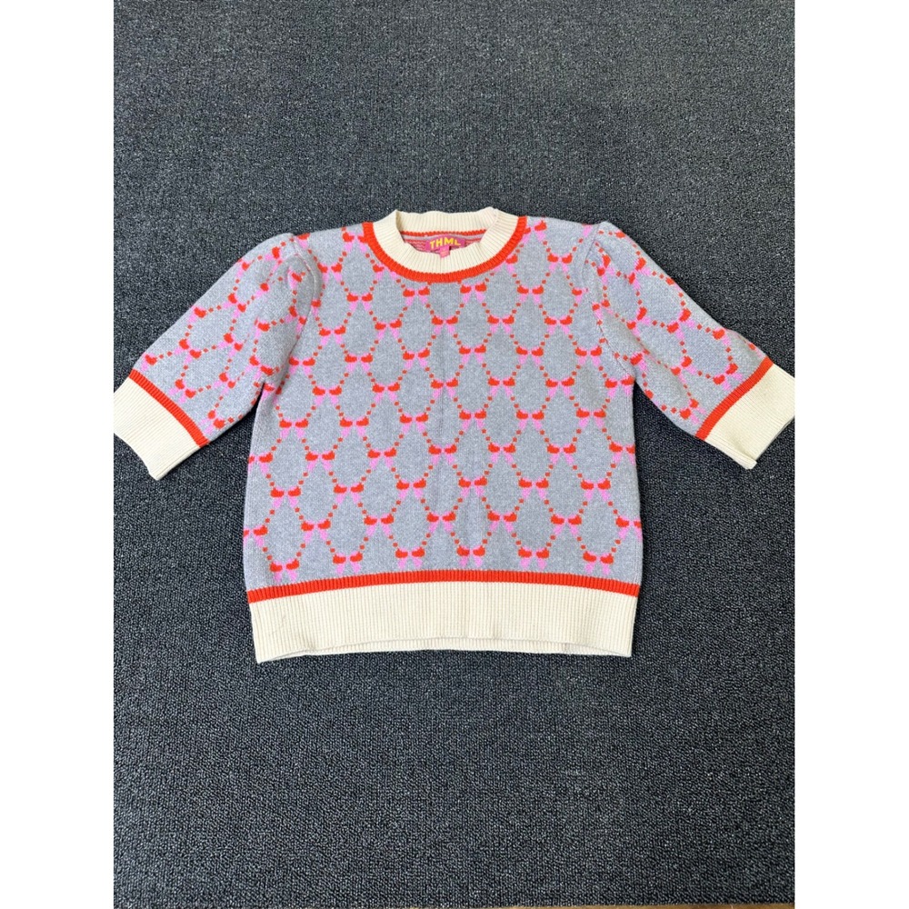 THML Womens Gray Pink Red Bow Puff Short Sleeve Sweater Medium